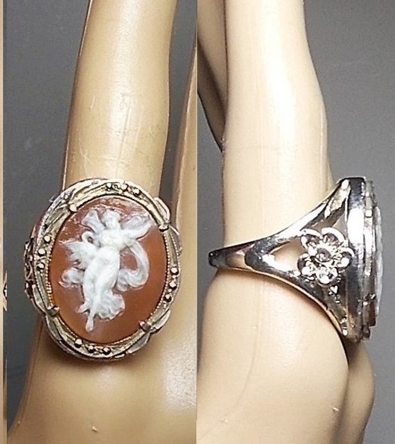 1930 Carnelian Angel Cameo Ring, Flying in Flimsy… - image 3