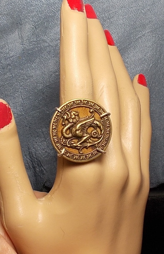 SALE 1 Antique Dragon Ring Brass, Wood, Tin Antiqu