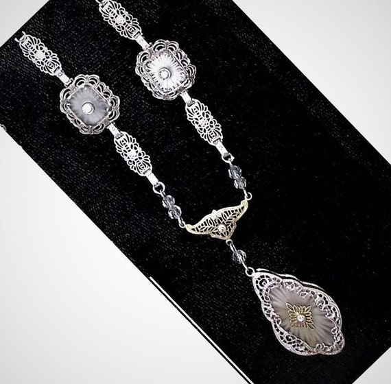 1920s 3 Piece CAMPHOR GLASS Necklace 3 Marquise &… - image 1