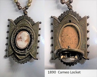 A 1890 Brass & G. F. Cameo Locket Cameo w/ Ribboned Hair on Onyx in Brass Heraldic TripTych Panels on Beaded Bronze Chain Tintype Avail.