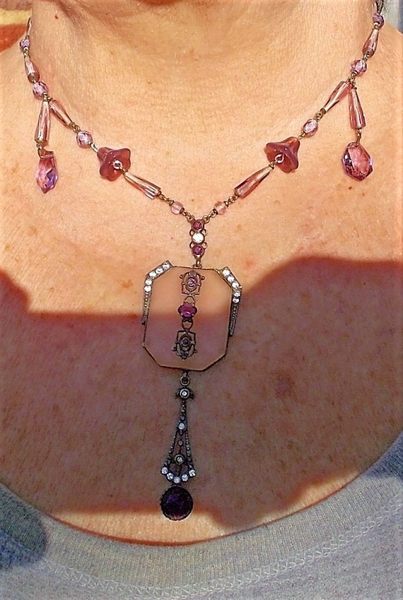 1910s Large Camphor Glass Lavalier w/ Amethyst Fa… - image 6