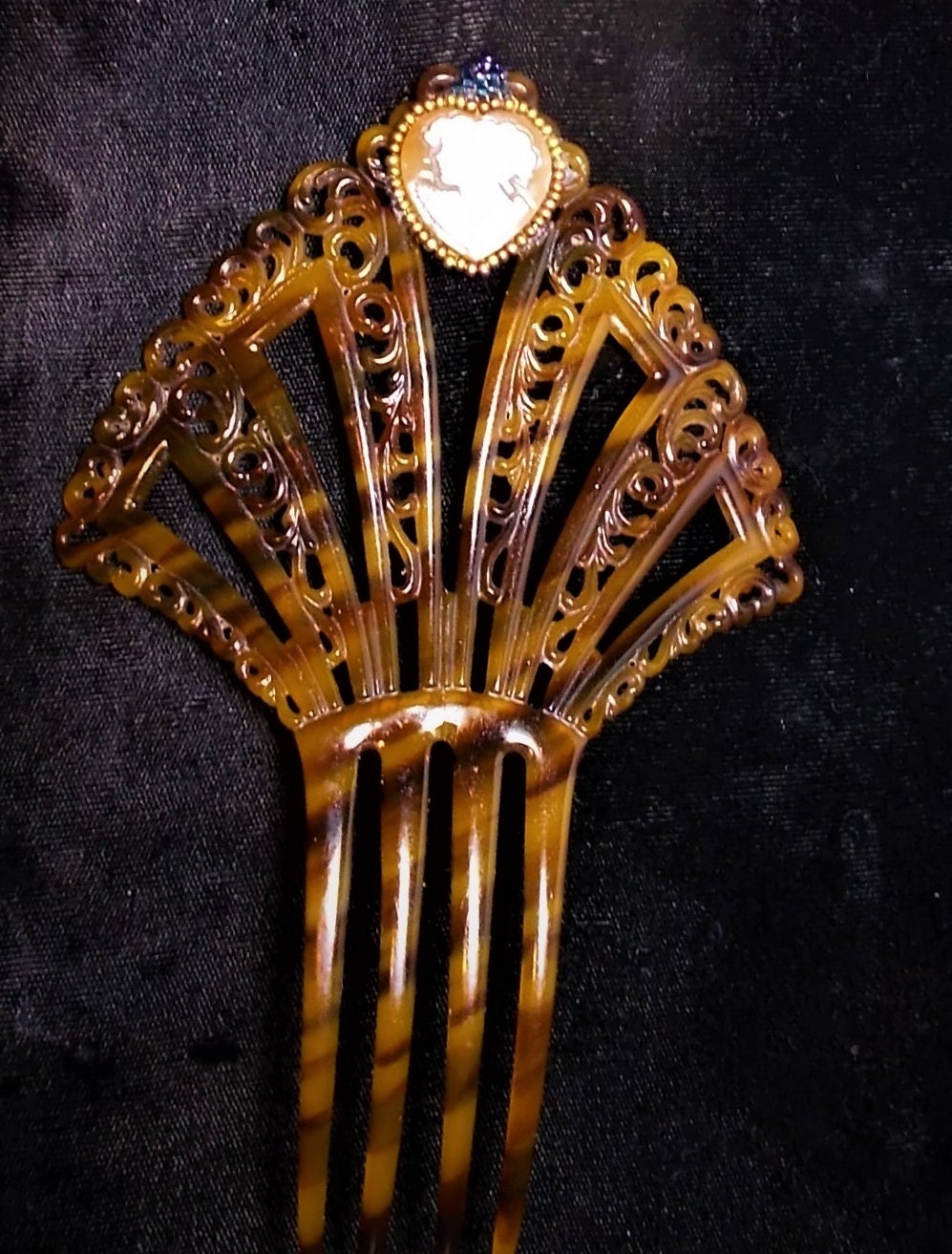 Vintage Celluloid Hair Comb w/ Topaz Rhinestones 1940 Victorian Cameo Hair Comb Antique Rhinestone Mahogany  main image 2