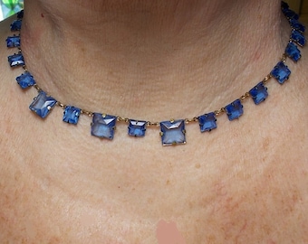 SSALE 1920 Blue Czech Rhinestone Necklace Art Deco Glass, Blue Large, Small Rivoli Rhinestones Silver Plate 30 Links17.5" Adjustable Choker