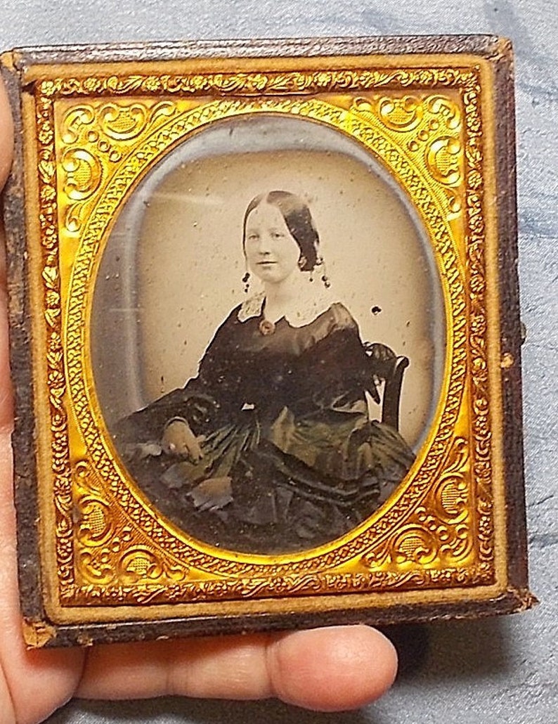 Double Glass Gold Color Pinchbeck Framed. Half Case 163 yr Old Darling Fashion Pose VICTORIAN AMBROTYPE Lady Full Big Dress Artist Tinted