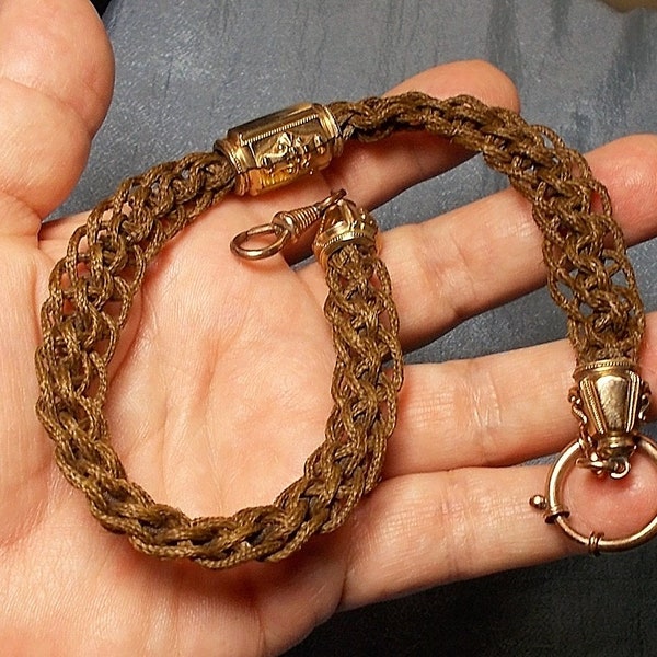 Victorian Woven Mourning Hair Watch Fob or Necklace w/ Gold Tone Accents, 14" Three Row Table Worked to Creat Beautiful Open Work Pattern