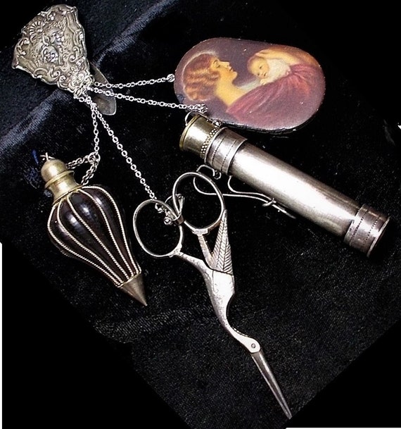 Sewing Chatelaine Double Cherub Belt Loop Silvered Stork Scissors ...