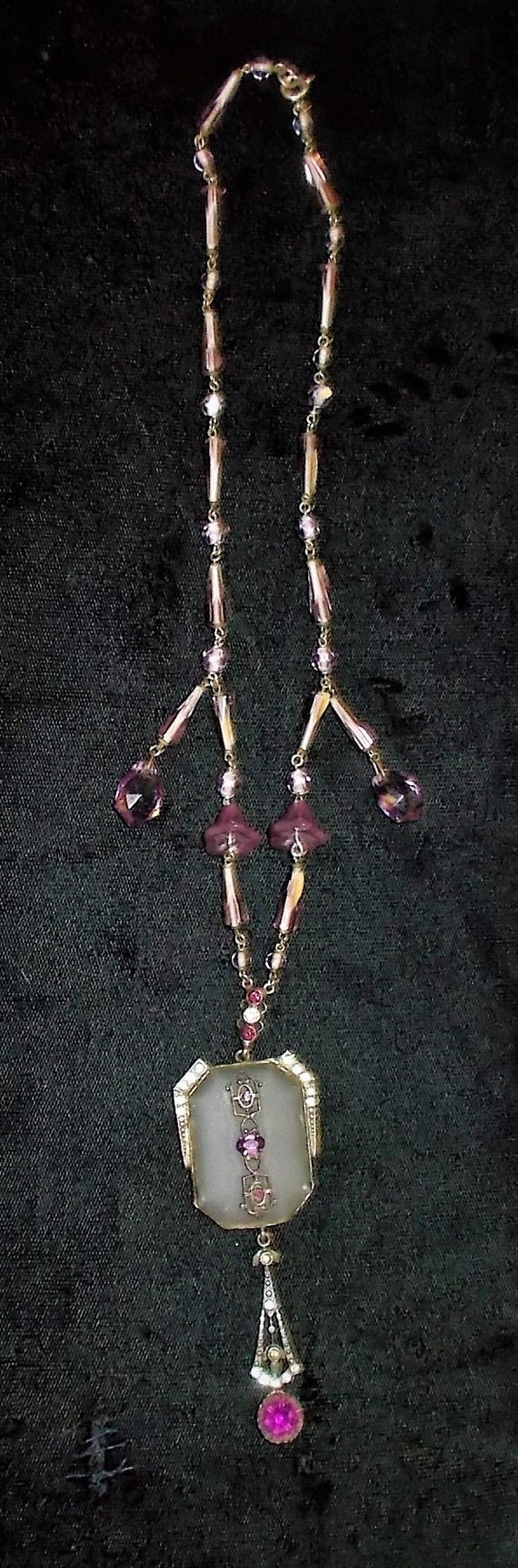 1910s Large Camphor Glass Lavalier w/ Amethyst Fa… - image 7