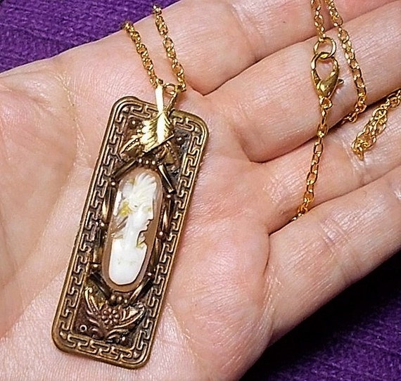 SALE Antique CAMEO Ornate Brass Necklace Coupled … - image 2