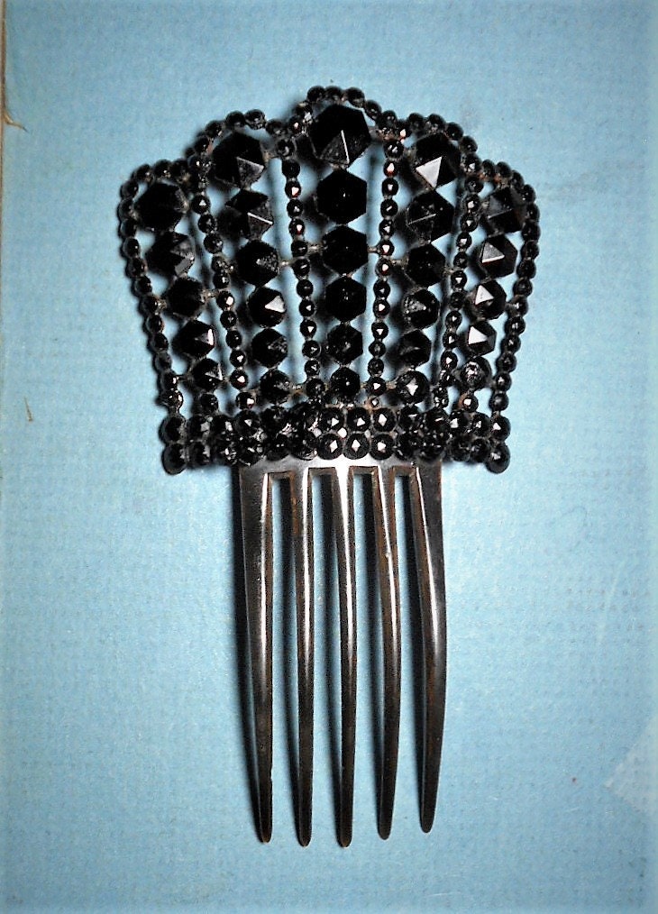 SALE Victorian Mourning Hair Comb, Antique Large Faceted  display picture 2