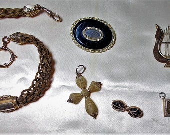 Victorian Woven Mourning Hair Watch Fob or Necklace W/ Gold Tone