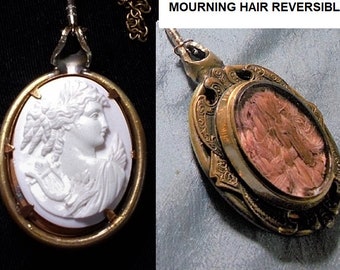 Huge 2 5/8" Cameo REVERSIBLE MOURNING HAIR Shell High Relief Euterpe, w/ Harp, Beveled Glass 100Yr Gold Fill Mourning Hair Setting Necklace