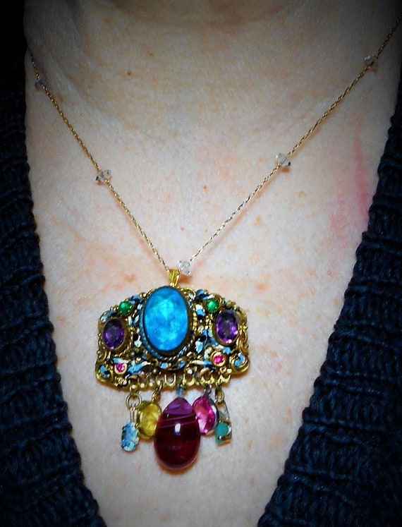 Czech Gems Chatelaine Medieval Style Dangling Crystals 13 Czecho Gems Brooch Floral Scrolled Brass Crystal Gold Plated Necklace Option Etsy Canada