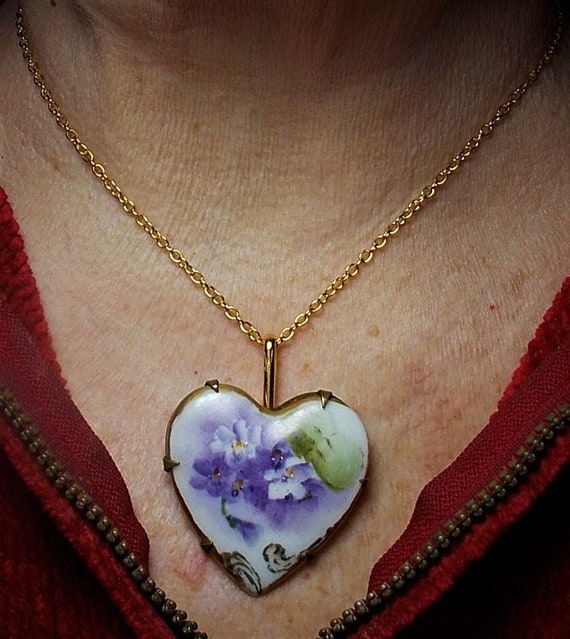 SALE Lavender Floral Heart 1900s Large Porcelain H