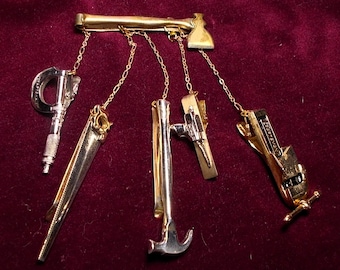 Unisex VINTAGE Craftsman Chatelaine, Swank Tools Tie Clasps , 6 Figural Gold-Plated Hatchet, Micrometer, Saw, Hammer Vice, Drill.