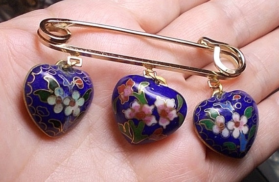 SALE Puffy Cobalt 3 Cloisonne Heart Safety Pin.  … - image 1