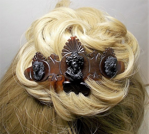 Sale 1880 Victorian 3 Black Cameos Hair Comb HING… - image 3