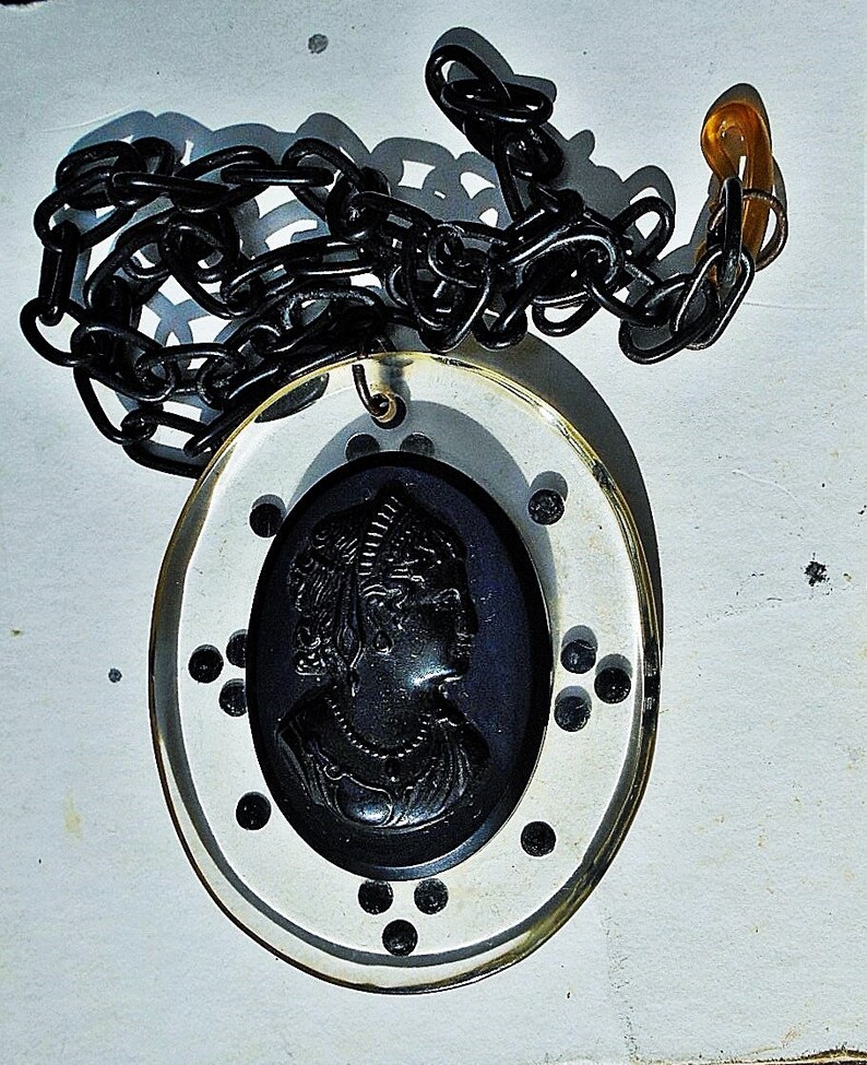 Only 99.90 SALE Antique Large Black Lucite Cameo Doublet With Polka Dots on Origianal Black Celluloid Link 19 Chain
