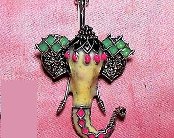 SALE Vintage Beautiful Off-White Elephant w/ Pink, Black Silver & Faux Opal Rhinestones 3D Figural Brooch/Pendant on 18 Necklace Converter