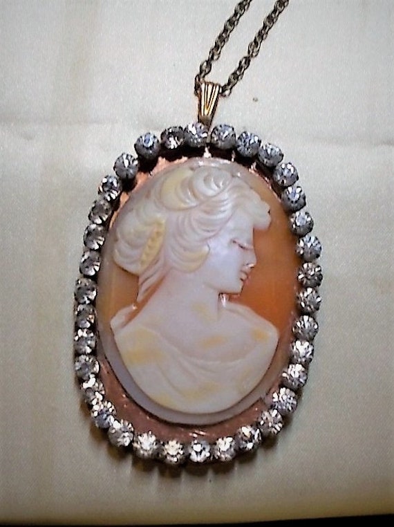 Sale HUGE 2" CAMEO Hand Carved Carnelian Shell w/ Hair Band, In Large Antique Rhinestone Buckle, Simple Copper Backing Brass Tone Necklace