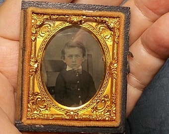VICTORIAN AMBROTYPE 1/16 Plate Pocket Size Half Case 163 yr Old Darling Little Boy, Artist Tinted Double Glass Gold Color Pinchbeck Framed.