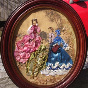 Ribbon & Stumpwork Embroidery of Victorian Ladies Fashion Copied on Fabric From La Mode IIlustree1880 in Antique Wood Oval Frame 14 X 12 image 1