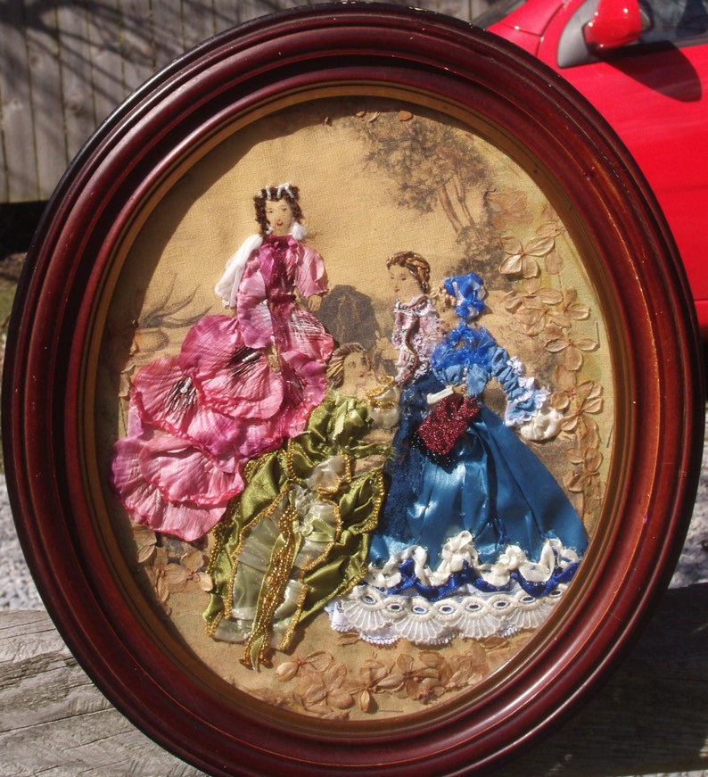 Ribbon & Stumpwork Embroidery of Victorian Ladies Fashion Copied on Fabric From La Mode IIlustree1880 in Antique Wood Oval Frame 14 X 12 image 1