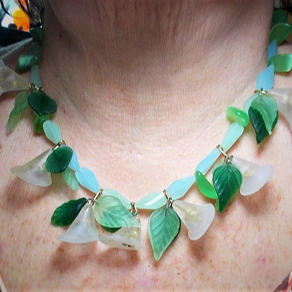 Fairy Woodland Bridal Necklace, Pale  and Dark Green Matte Frosted Glass Foxglove Flowers Figural Leaves, Antique Frosted Gilded Findings