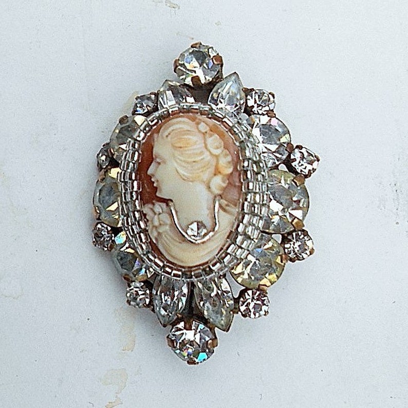 SALE Habille Cameo Vintage Hand Carved Shell Art Deco Brooch Pendant of Sparkling Large Rhinestones Brooch 89.00 Pendant Converter Avail.
