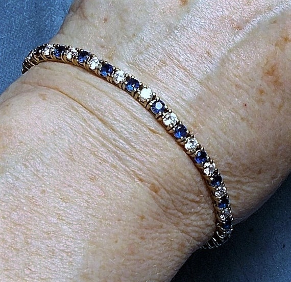 Vintage Sterling Silver Blue Clear Rhinestone TENNIS BRACELET