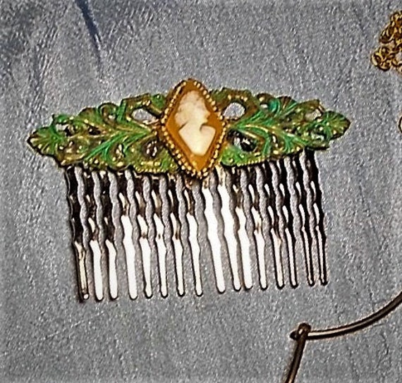 Verdigris Cameo Hair Comb Side Vintage Hand Carve… - image 3