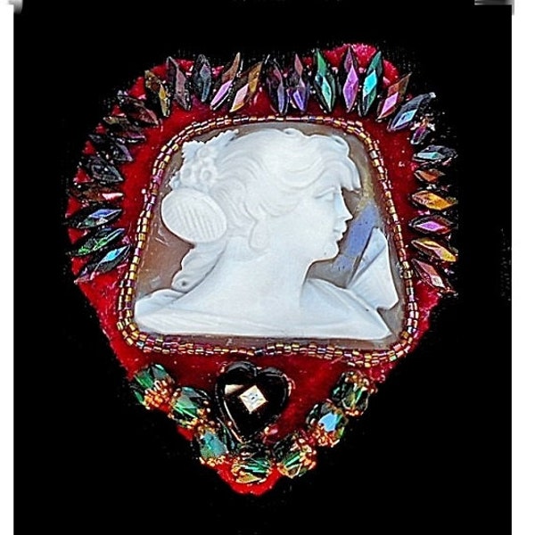 SALE Museum Quality Antique Hand Carved Large Shell Cameo of Psyche w/ Butterfly, on HEART Vintage Rainbow Iris, Emerald-Gold, Black Glass H