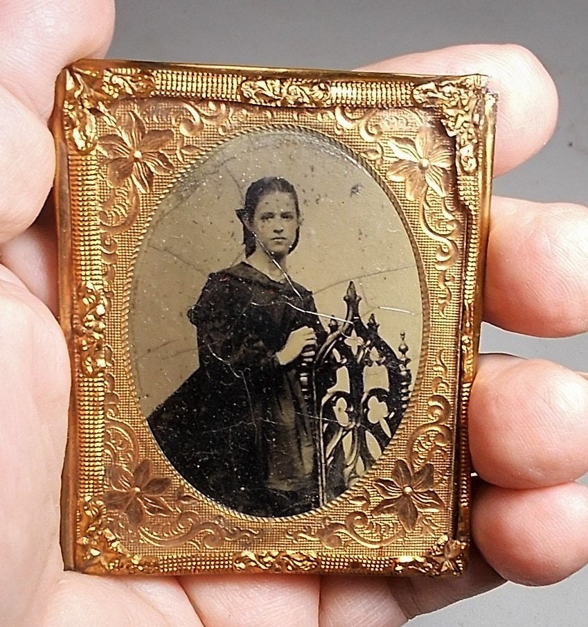 1850 Tintype Victorian Photo in Gold Pinchbeck Frame w/ Ornate Antique Chair, Mourning Clothing. Small 2 1/2" x 2" Ready to Hang OOAK AS IS