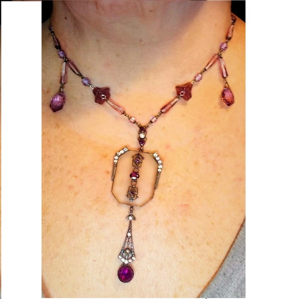 1910s Large Camphor Glass Lavalier w/ Amethyst Fa… - image 2