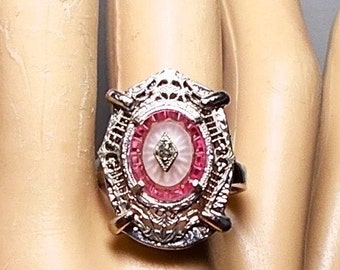 Antique Pink Camphor Glass Ring, w/ Rhodium Plated Filigree Camphor Glass Rhinestone, Prong Sterling Ring Size 8 3/4 Very Pretty 229.90 OOAK