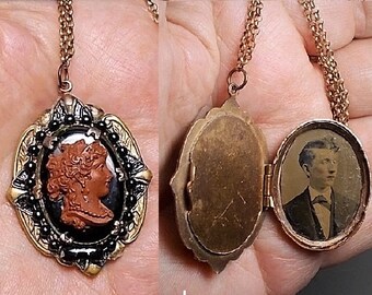 Venda antigo cobre grego diadema cameo medalhão preto esmaltado preto frisado bola corrente surround 1935 deco tintype imagem medalhão gf colar
