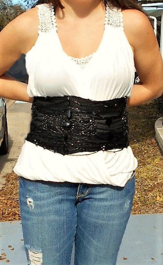 SALE Victorian Black Waspie Belt Size 27" to 36",