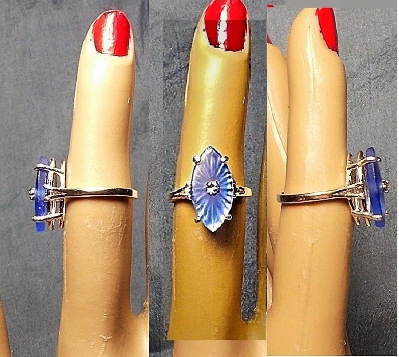 1 Blue Camphor Glass Ring Vintage w Rhinestone New Marked 925 Size 6-9 Your Choice Vintage Pale Blue Starburst Camphor Marquise Shape