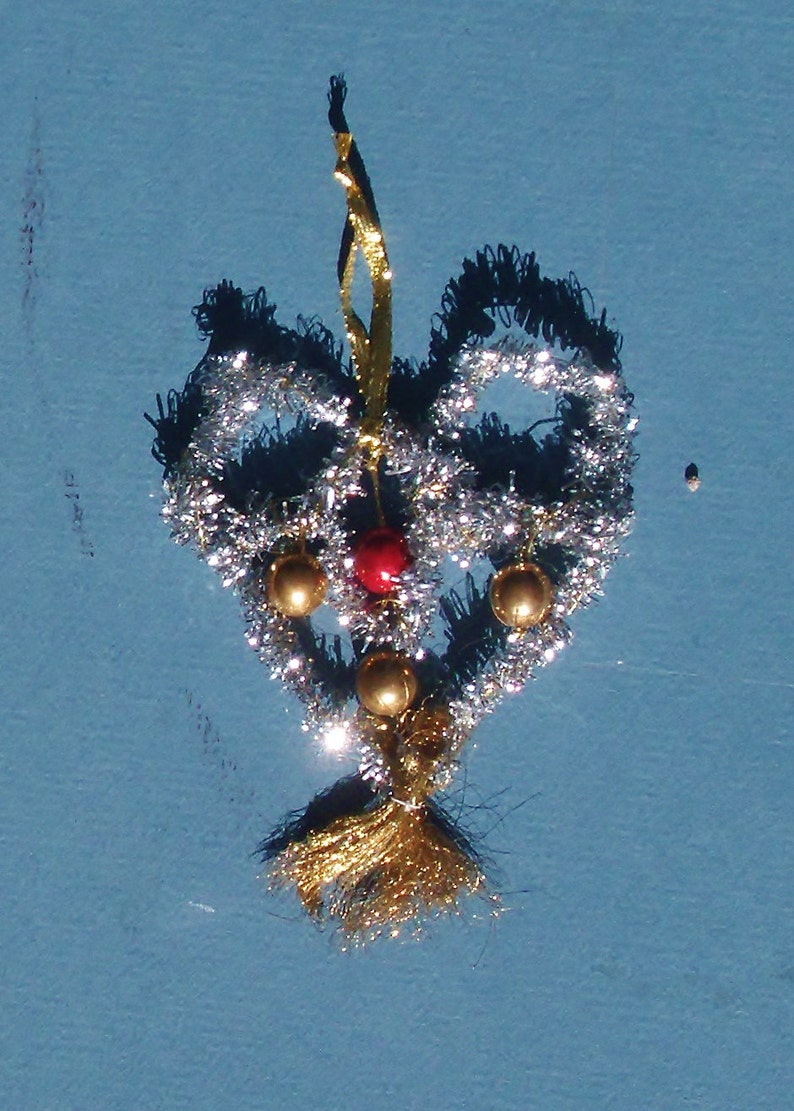 Handmade Victorian Style Christmas Tree Ornaments Vintage Brass Gold, Red Beads Wire Heart Silver Tinsel . image 2