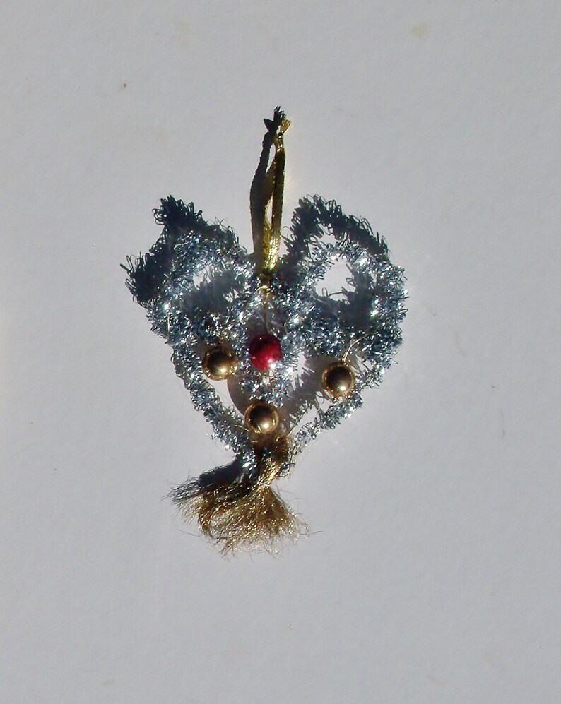 Handmade Victorian Style Christmas Tree Ornaments Vintage Brass Gold, Red Beads Wire Heart Silver Tinsel . image 3