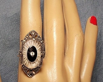 1930s Camphor Marcasite Glass Ring w/ Onyx Focal Sterling Art Deco Marquise Marcasite. Great Gatsby Beauty Starburst One of Kind Only 199.90