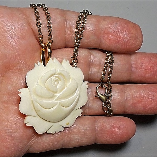 Ivory Colored Rose Necklase, DEEPLY CARVED Shiny Bone Rose Pendant 1 3/4" Bronze Tone 22" Necklaces Gold Plated Pendant Converted Included