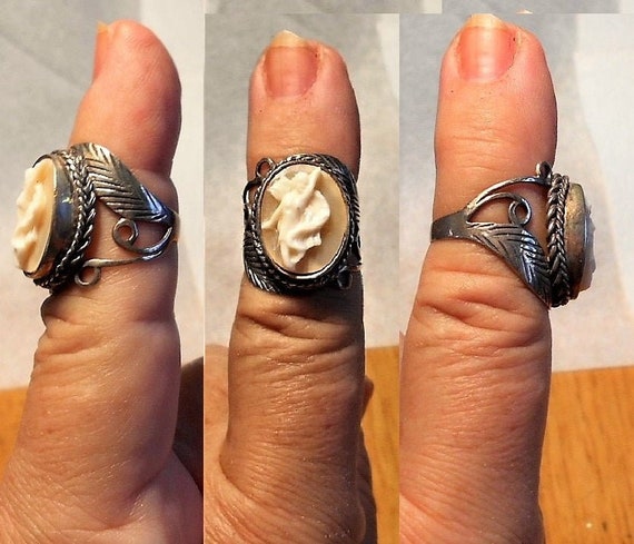 SALE 1 Sterling Dancing Cameo Ring with Ornate Sc… - image 1