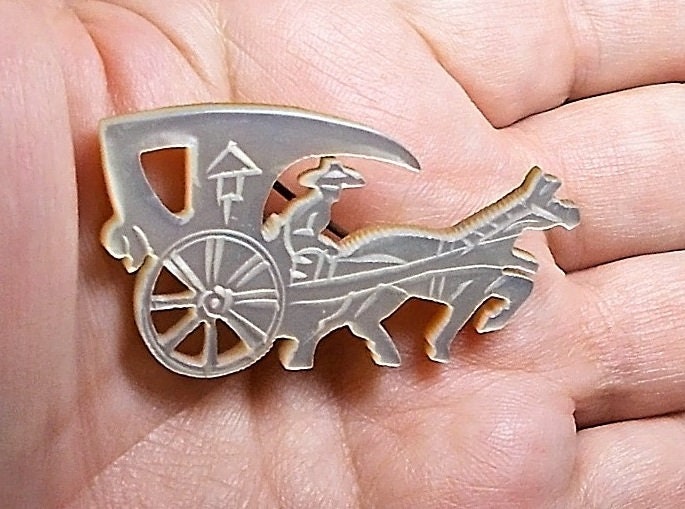 Antique Mother of Pearl Horse Carriage , Asian Brooch 1 3/4