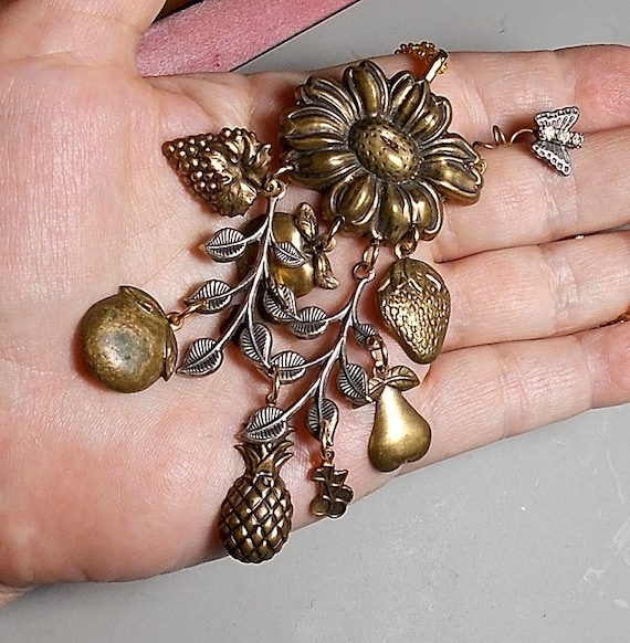 1930 Brass Repousse Flowers w/ 11 Dangles on Chat… - image 2