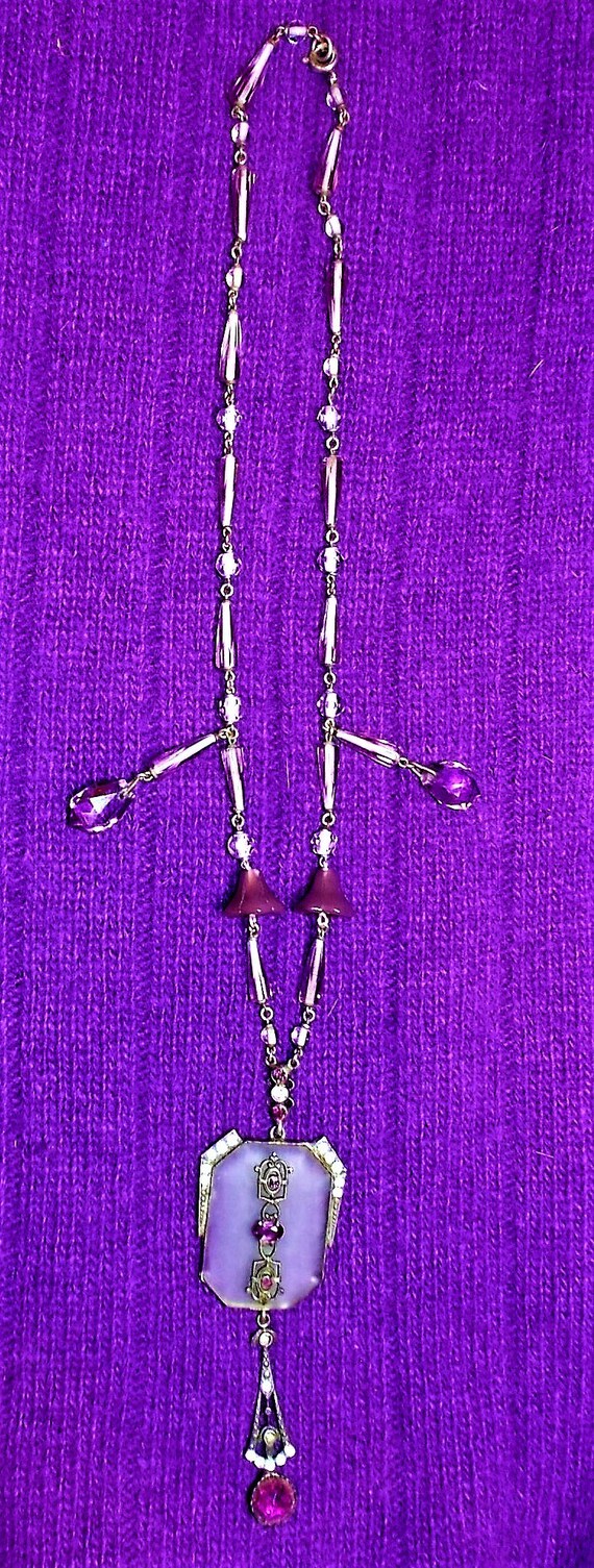 1910s Large Camphor Glass Lavalier w/ Amethyst Fa… - image 8