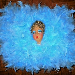 May include: A blue feather boa with a doll's head in the center. The doll has blonde hair, blue eyes, and a painted smile.