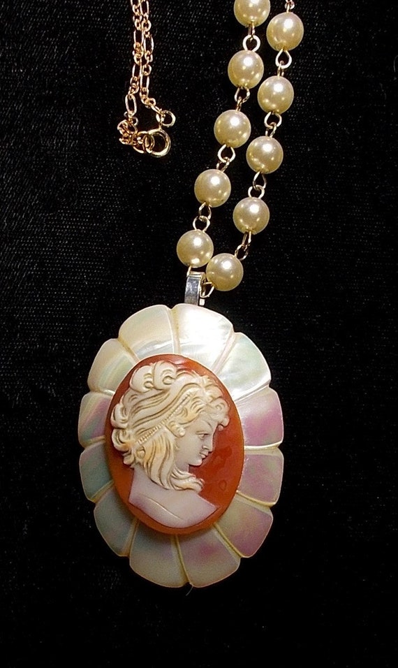 SALE Antique Cameo Necklace Colorful Hand Carved L