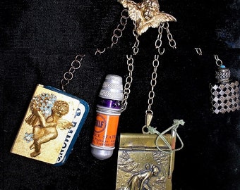 CHATELAINE  Nouveau Nymph Notepad Memoir, Cherub Pill Safe, Advertising Sewing Set (Adv. can be removed), Brass Lattice Perfume, Set or Each