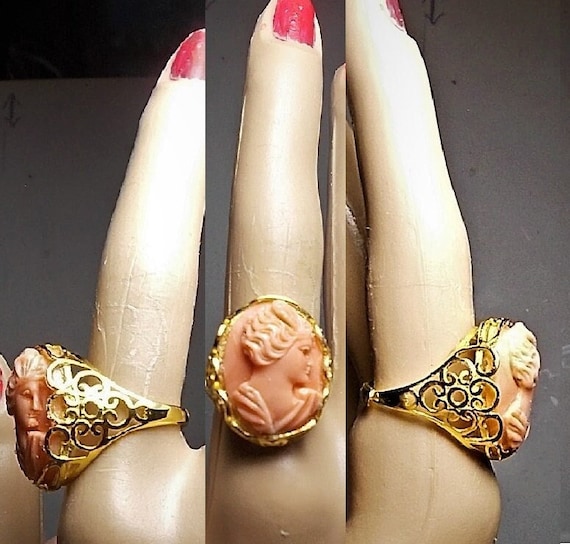 Coral Cameo RING Antique Coral Cameo Genuine Pink… - image 1