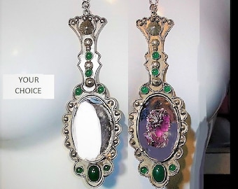 SALE 1 Small Hand Cameo Mirror Chatelaine Art Nouveau S P Green Glass Cabcchons Option of 1920 Amethyst Glass Cameo with Highlights"ITALY"